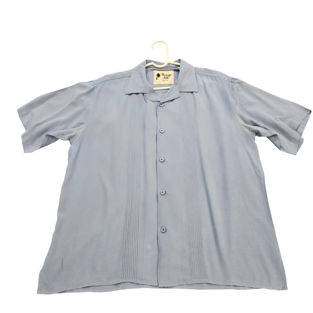 Vintage Silk Circa 1969 Mens Large Blue 100% Silk Short Sleeve Guayabera Shirt